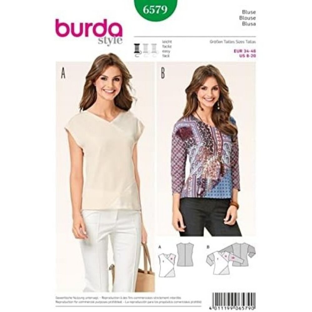 Burda Style 6579 Sewing Pattern Blouse Sizes 8-20 Semi-Fitted V-Neck‎
